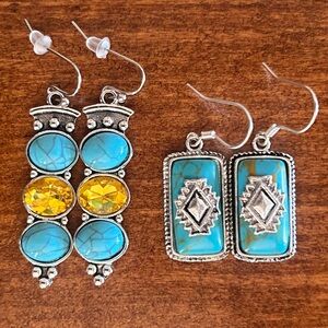 Silver-tone & Blue Stone Earrings-2 Pairs